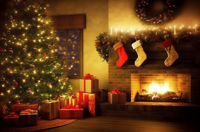 绿色圣诞树火炉袜子摄影实拍,高清,摄影图,摄影图片,图片大全,摄影图免费下载